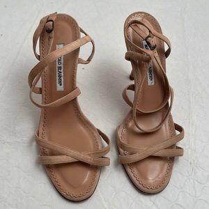 Manolo Blahnik pinkish tan suede strappy heel sandals. Good condition.